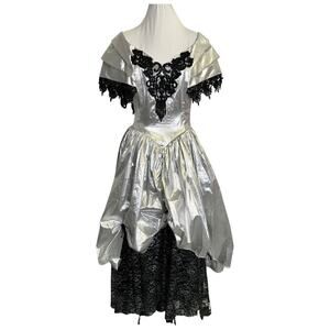 Vintage 1980s Silver Metallic Lamé and Black Lace Gown Small